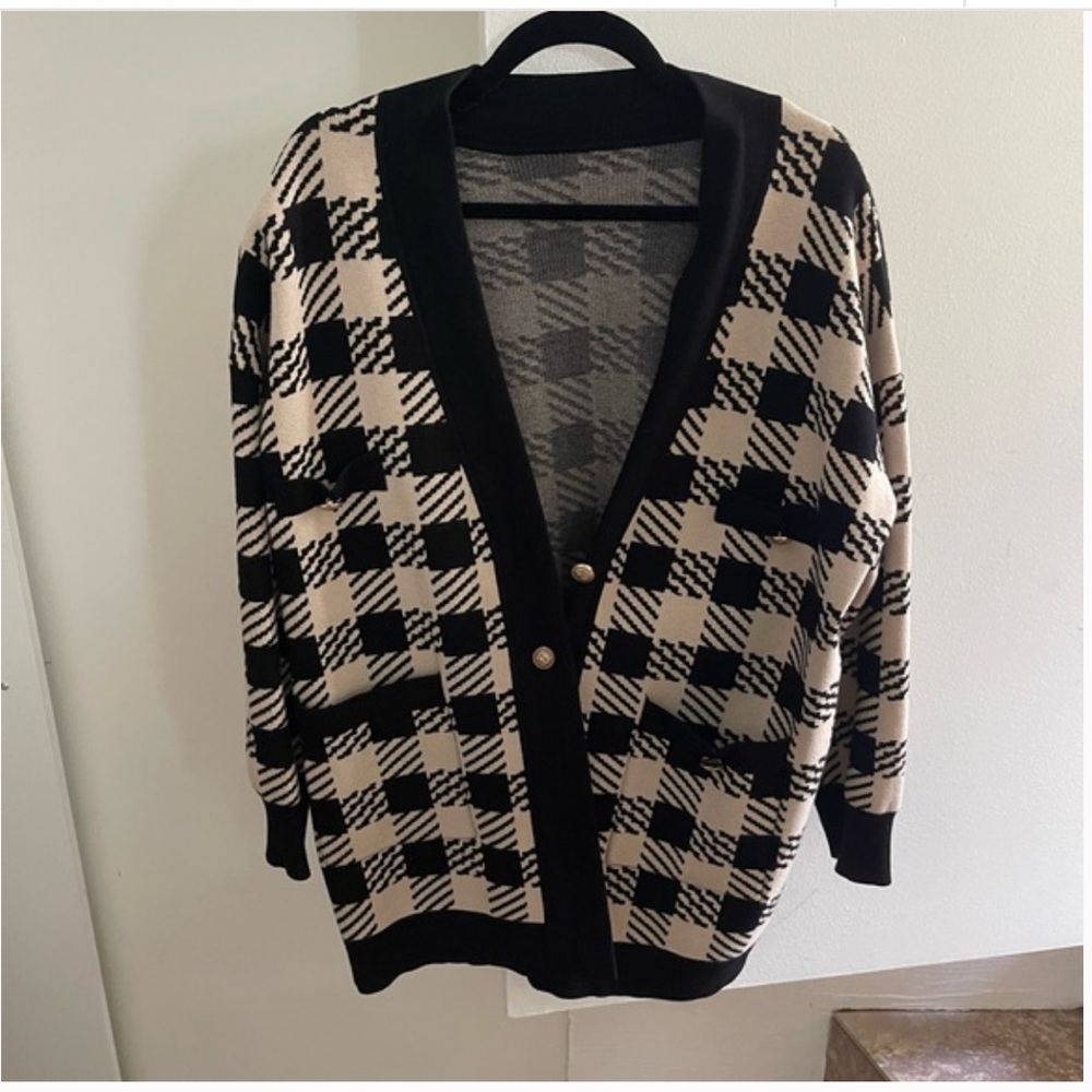 SANDRO Jisou Checked Oversized Plaid Cardigan Tan Gold Size 3 L/ XL - Picture 5 of 9